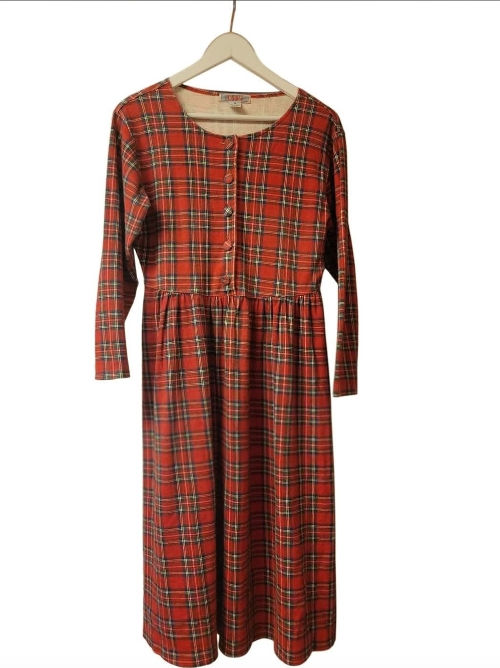 Red Plaid Long-Sleeve Button-Front Dress - 100% Cotton - Vintage Made In USA
